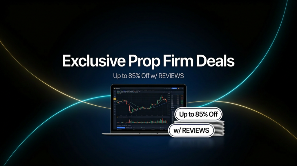 Hero banner for prop firm offers page featuring exclusive deals with glowing charts and discount badges on a dark background