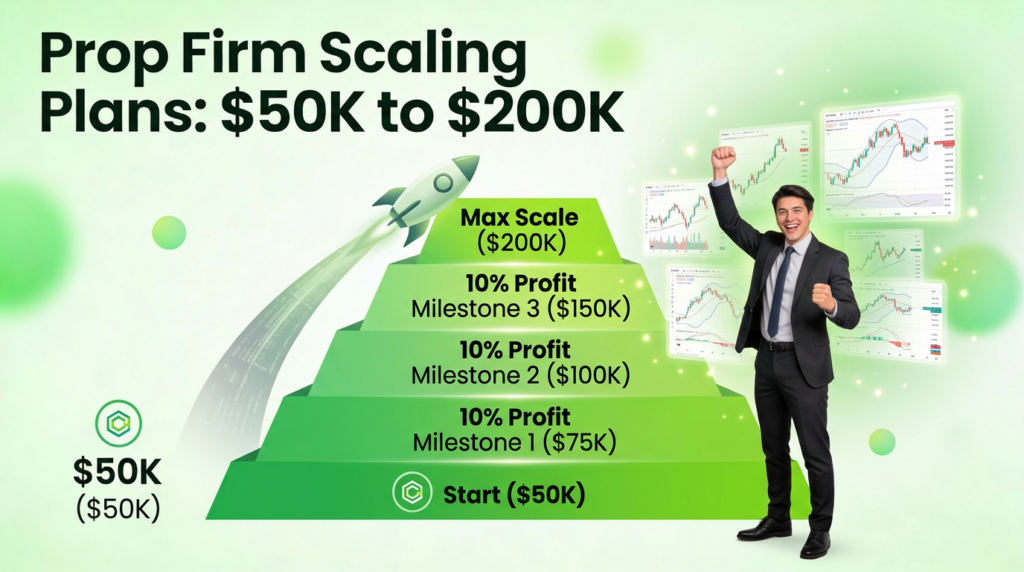 Prop firm scaling plan: pyramid chart grows $50K account to $200K through 10% profit milestones with rocket trajectory
