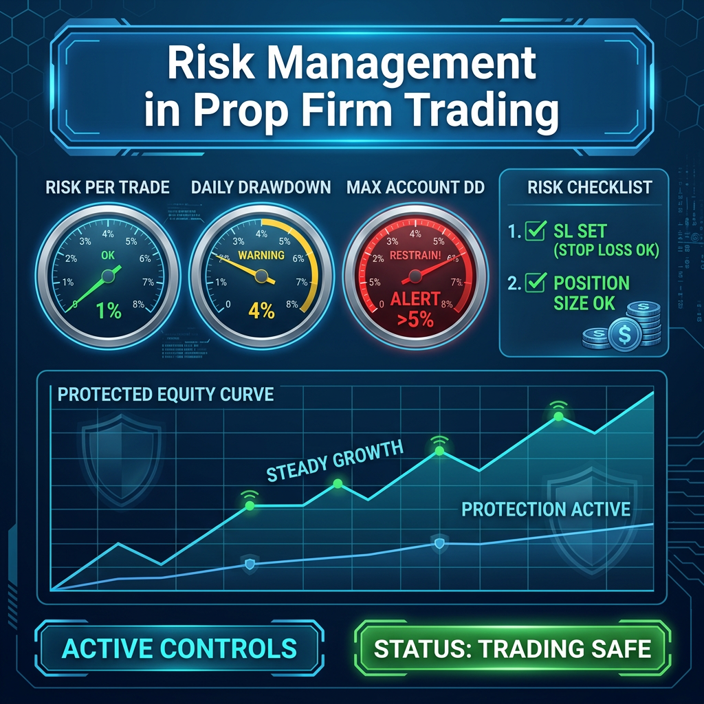 Risk Management in Prop Firm Trading: dashboard gauges show green 1% risk safe zone, yellow 4% DD caution, red >5% alert with protected equity line