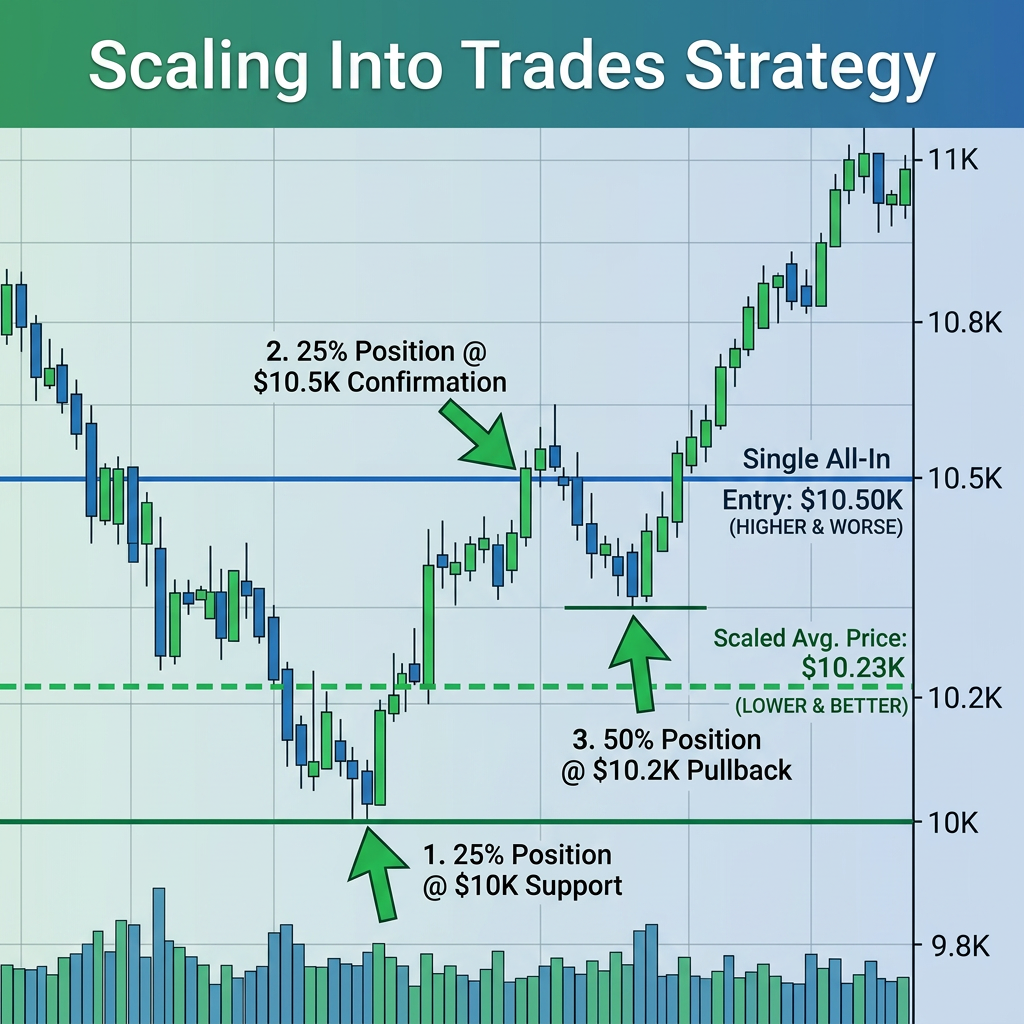 Scaling into trades strategy: price chart with 3 green entries (25% at $10K, 25% $10.5K, 50% $10.2K) averaging $10.23K vs all-in