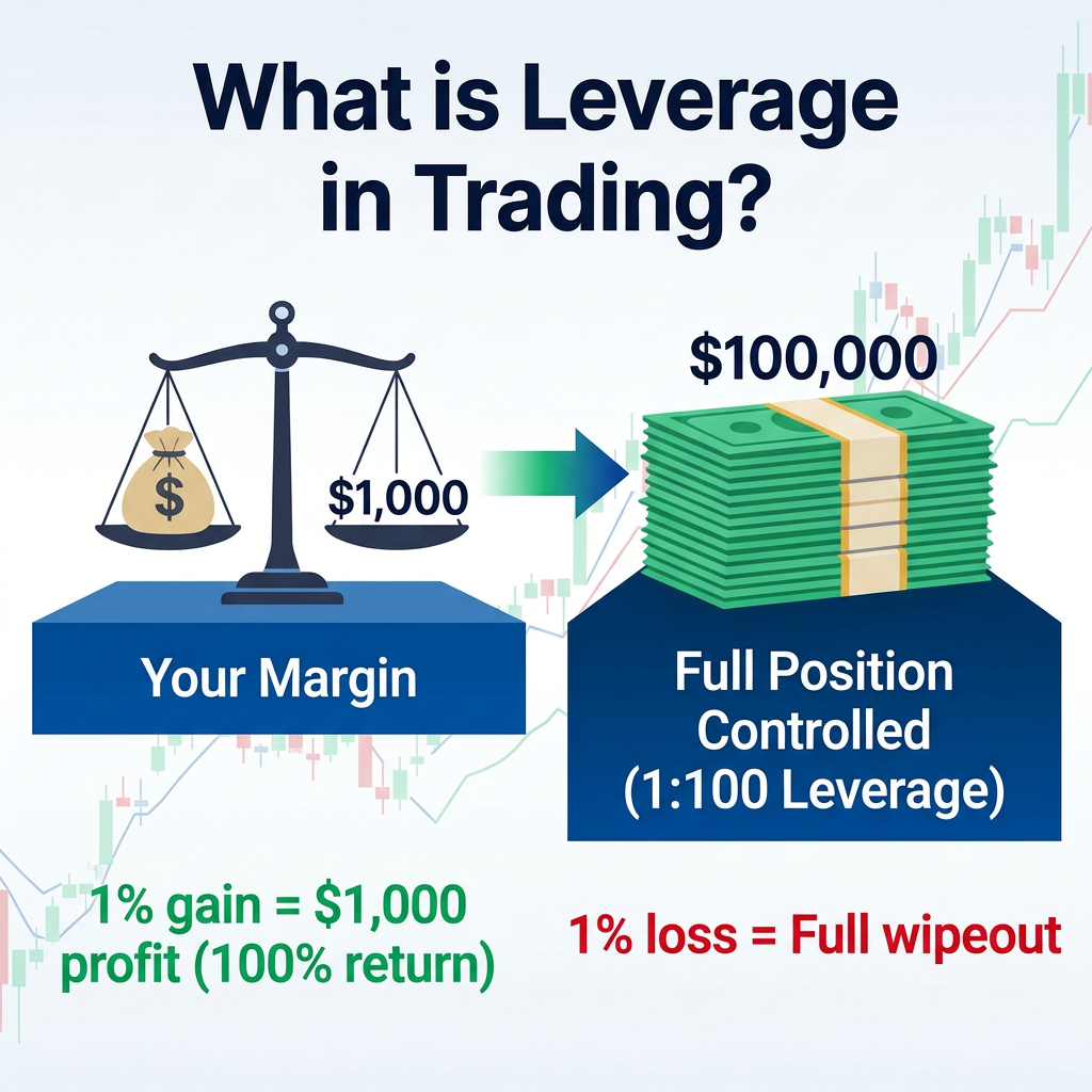 What is leverage in trading: balance scale shows $1,000 margin controlling $100,000 position at 1:100 ratio with profit and loss examples