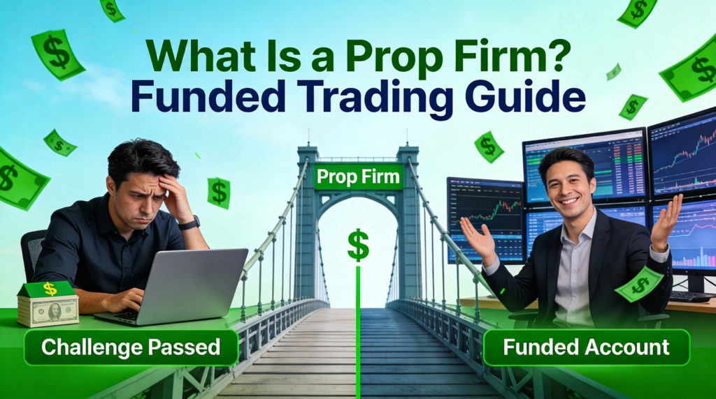 What Is a Prop Firm: stressed trader left bridges via 'Challenge Passed' to funded trader right with large screens and profits rain