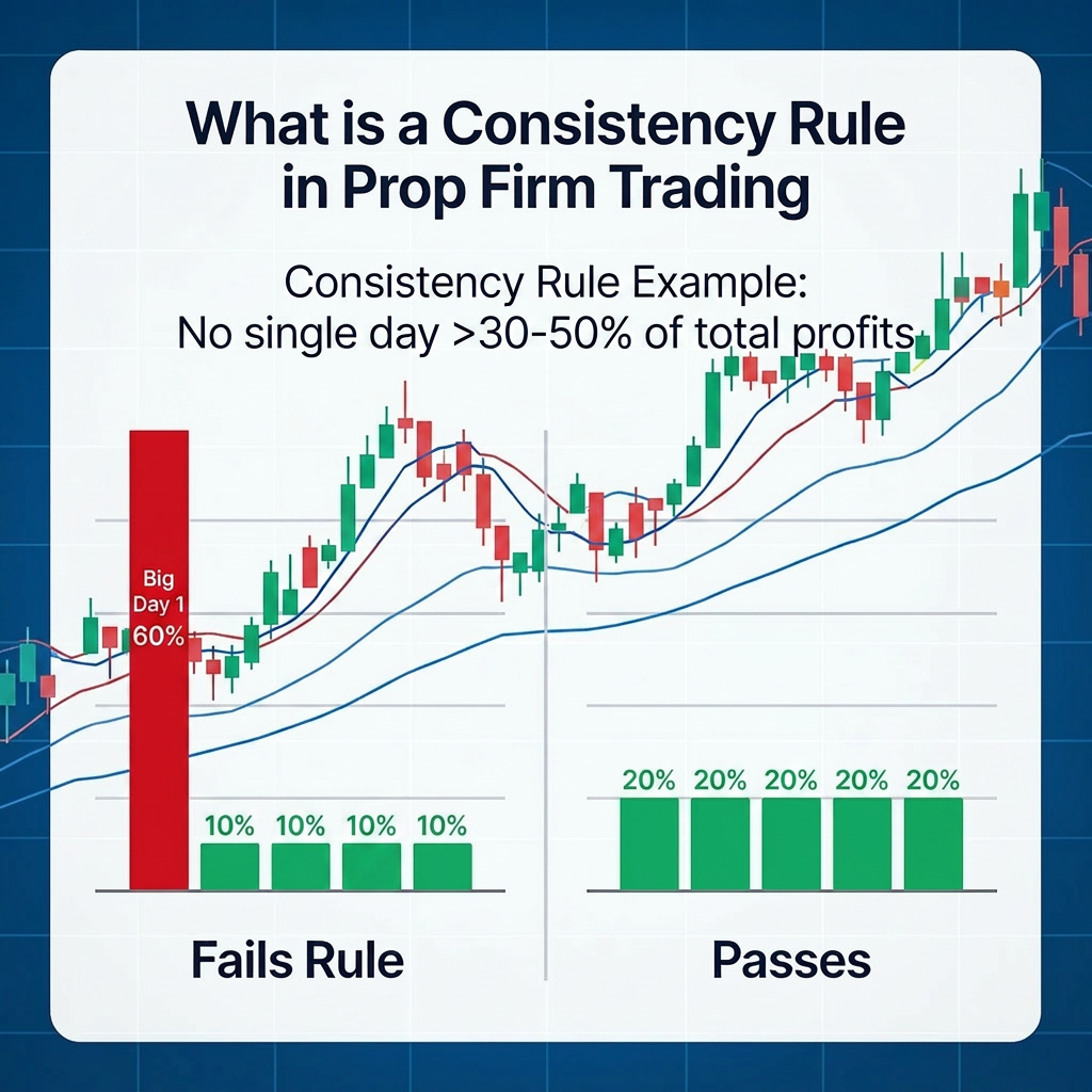 Consistency Rule in Prop Firm trading: bar chart shows failing (60% one day) vs passing balanced daily profits under 30-50% limit