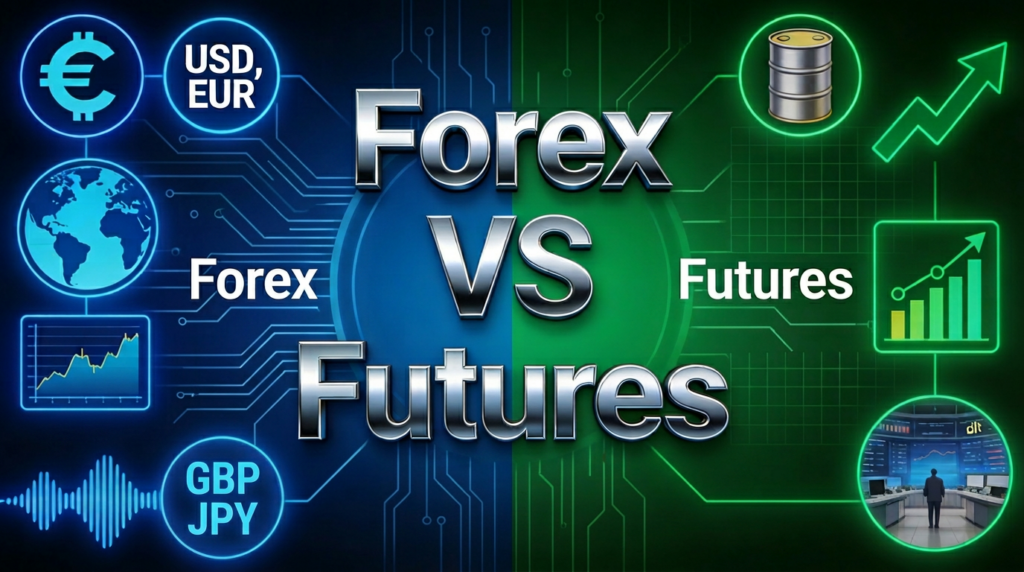 Visual comparison graphic of Futures vs Forex trading with currency charts on left and commodities on right