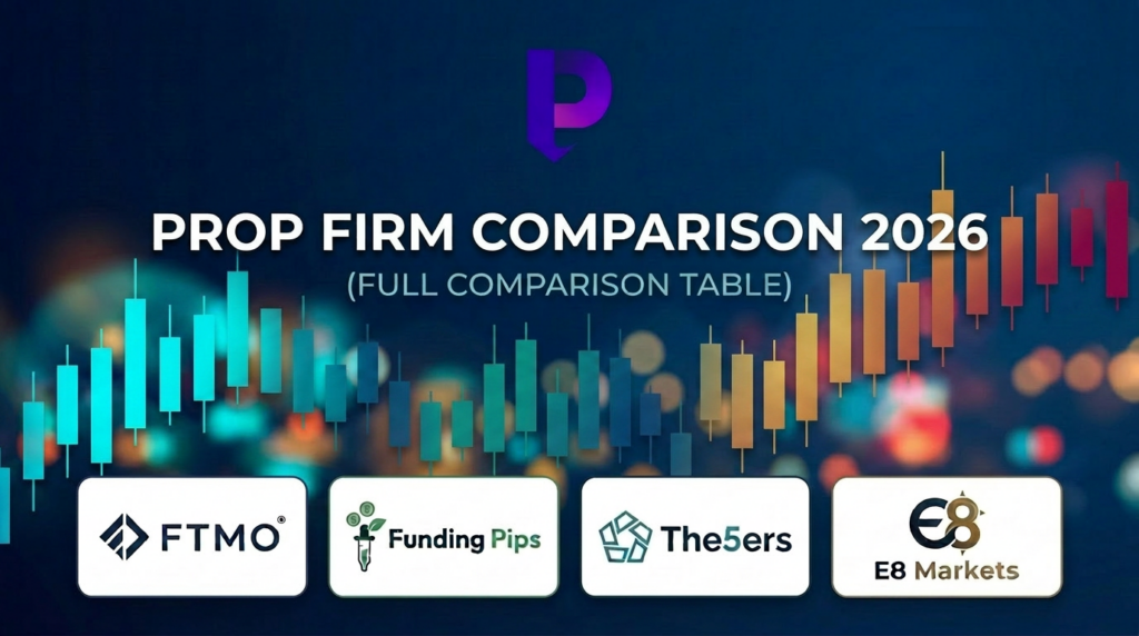 Prop firm reviews comparison hero with purple logo, market bars, and top funding firm boxes on a dark blue background