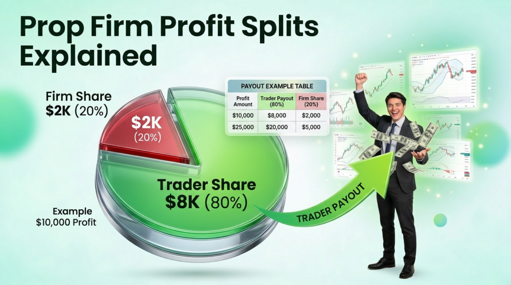 Prop firm profit split: pie chart 80% trader $8K vs 20% firm $2K on $10K profit payout example