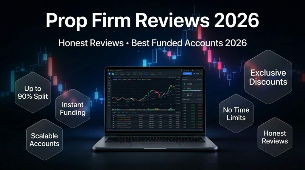 Hero banner for prop firm reviews page featuring glowing charts, hexagonal badges with exclusive discounts and profit splits, on dark navy background